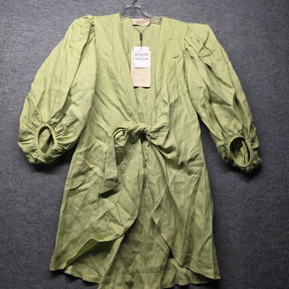 Adriana Degreas Linen Wrap Tie Front Top Green Dune Voluminous Sleeves M